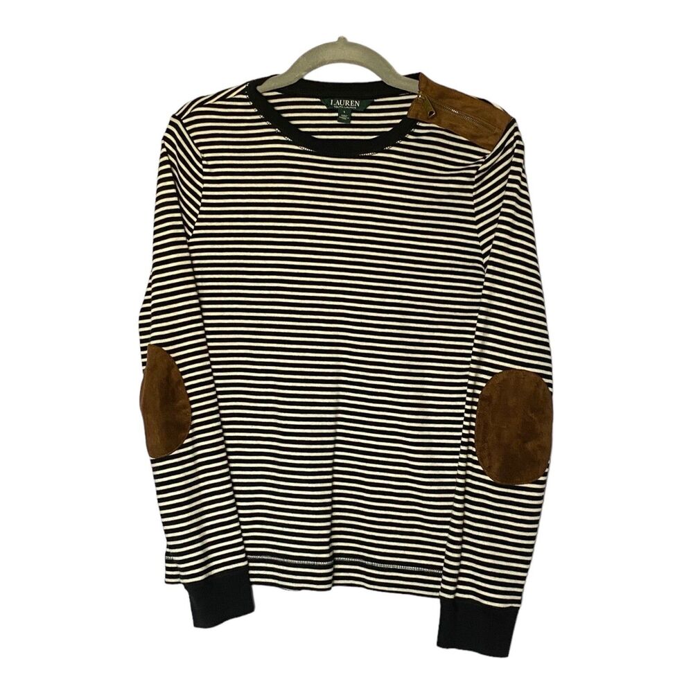 Lauren Ralph Lauren Top Womens Large Black Stripe Suede Shoulder Elbow Patches